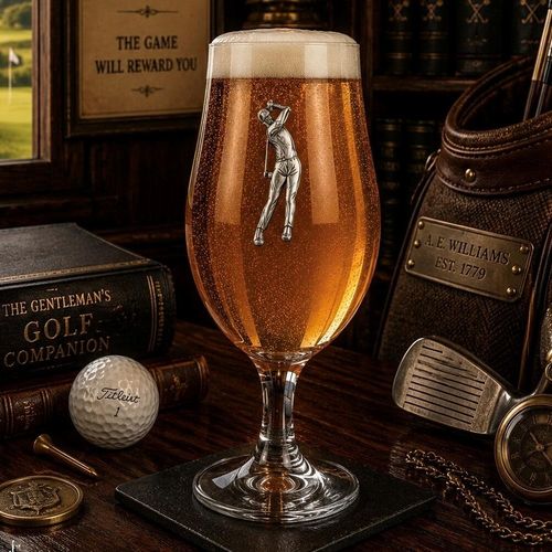 A stemmed beer chalice glass filled with golden ale and a frothy white head, featuring a raised pewter emblem of a golfer at the peak of their swing