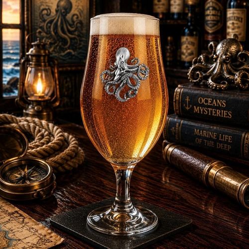 A stemmed beer chalice glass filled with golden ale and a frothy white head, featuring a raised pewter emblem of an octopus with twisting, detailed tentacles