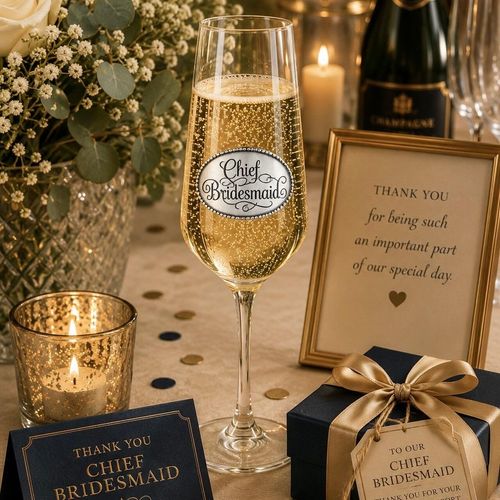 A clear champagne flute glass filled with bubbling champagne, featuring an oval pewter emblem engraved with 'Chief Bridesmaid' in elegant script lettering