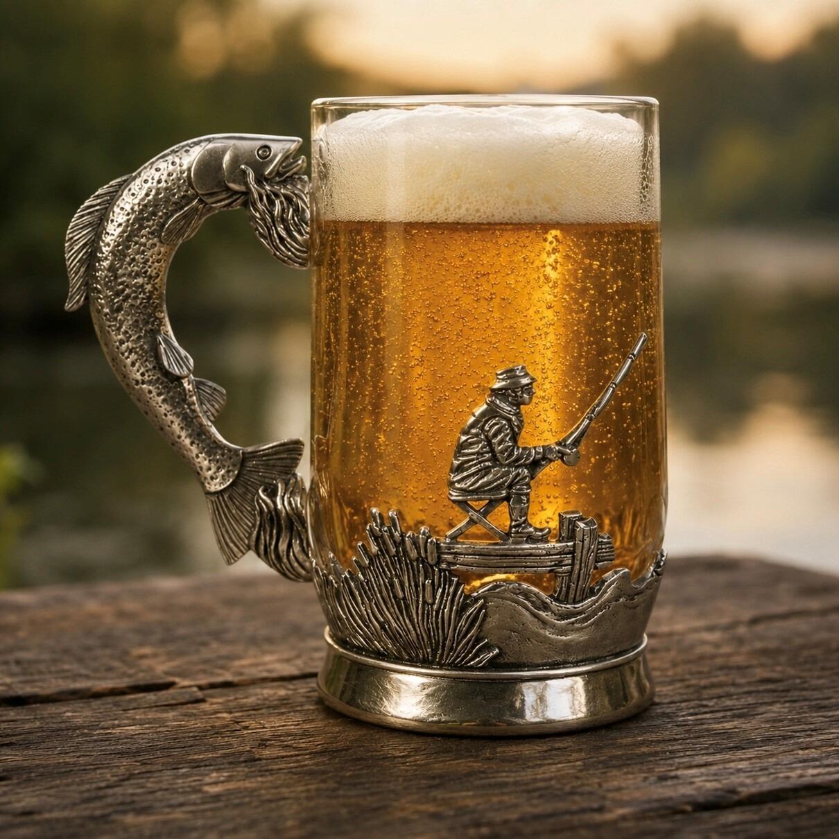A one-pint glass beer tankard filled with golden ale and a thick white foam head, featuring a detailed pewter base wrap of a fisherman on a wooden pier and a sculpted pewter handle shaped like a leaping fish