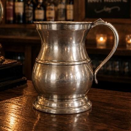 A traditional baluster-style pewter tankard with a polished pewter finish and a classic pear-shaped or hourglass body. The tankard features a flared rim, a central raised girdle, a stepped circular foot, and an elegant C-shaped scroll handle