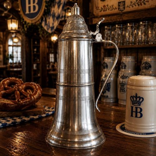 A tall, traditional Bavarian style pewter stein with a brushed metallic finish and a tapered body detailed with horizontal ribbed bands. It features an ornate, cone-shaped hinged lid decorated with intricate relief carvings and an upright thumb piece on a slender handle
