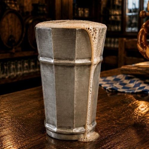 A traditional faceted pewter becher or beaker with a matte, brushed metallic finish, featuring a panelled body that slightly tapers toward the base.