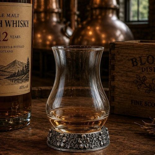 A tulip-shaped glass whisky taster glass, containing a small pour of amber whisky and sitting on a rustic wooden table. The circular base of the glass is set into a decorative pewter metal stand featuring a detailed relief-sculpted pattern of five-petaled cherry blossom flowers on textured, winding branches