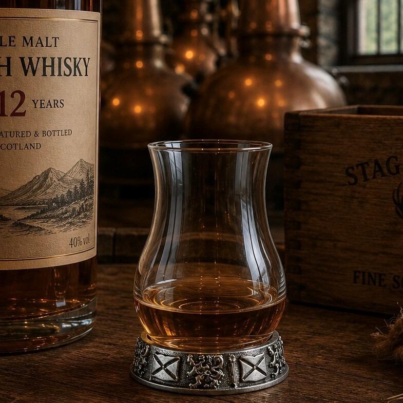 A tulip-shaped whiskey taster glass with an amber pour, resting in a detailed pewter base featuring a Scottish rampant lion and Saltire flags, set against a distillery background