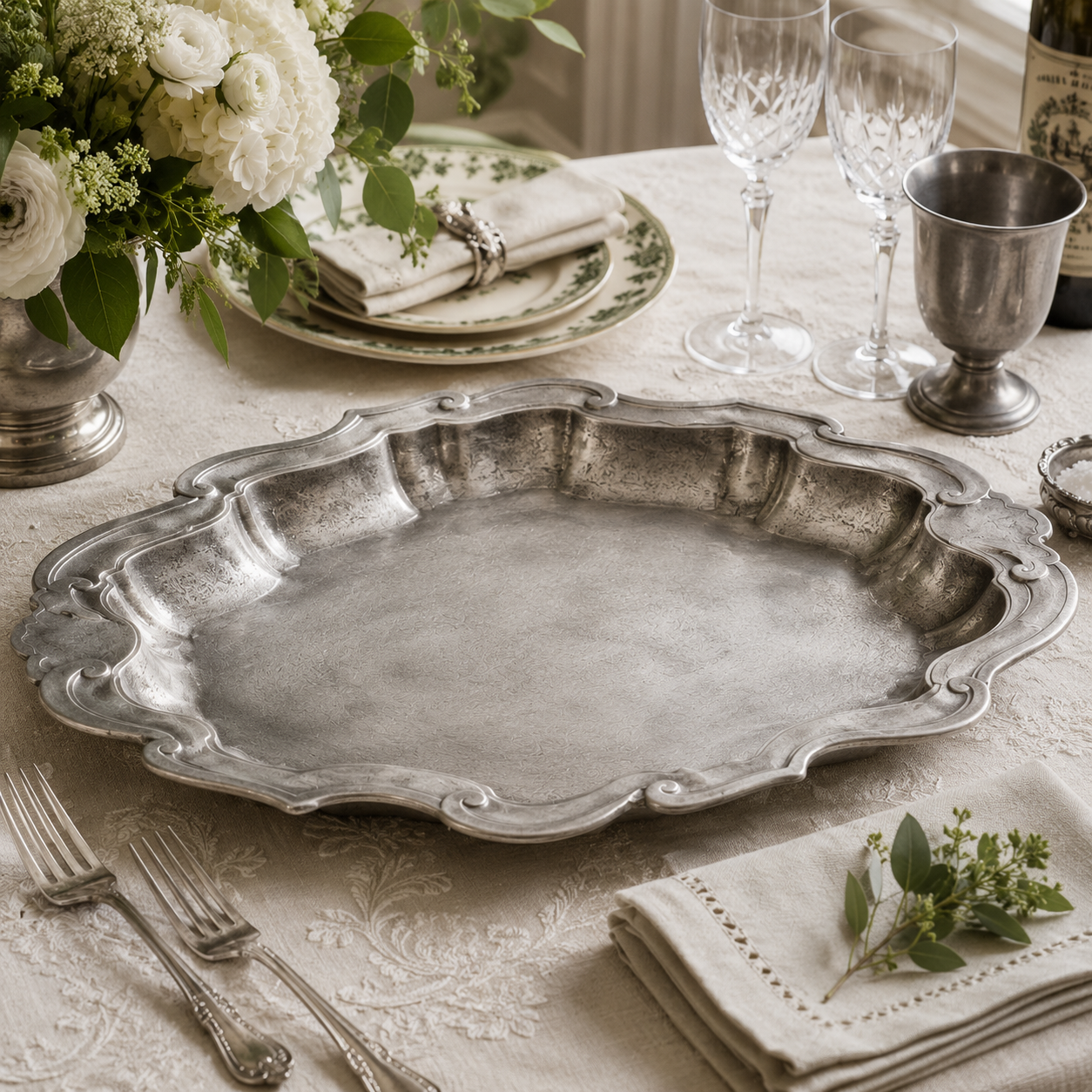 Handcrafted pewter Bavarian wavy edge tray in antique satin finish displayed on an elegant dining table with fine linen, crystal glassware, pewter goblet, silver cutlery and fresh white floral arrangements in natural daylight