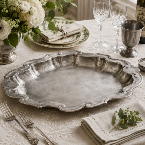 Handcrafted pewter Bavarian wavy edge tray in antique satin finish displayed on an elegant dining table with fine linen, crystal glassware, pewter goblet, silver cutlery and fresh white floral arrangements in natural daylight