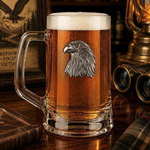 A Beer Tankard with a Pewter Eagle badge on the front, filled with Amber Beer