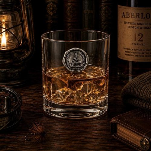 A heavy-based glass whisky tumbler filled with amber scotch and ice cubes, featuring a round pewter emblem styled like a vintage wax seal with an engraved monogram letter A