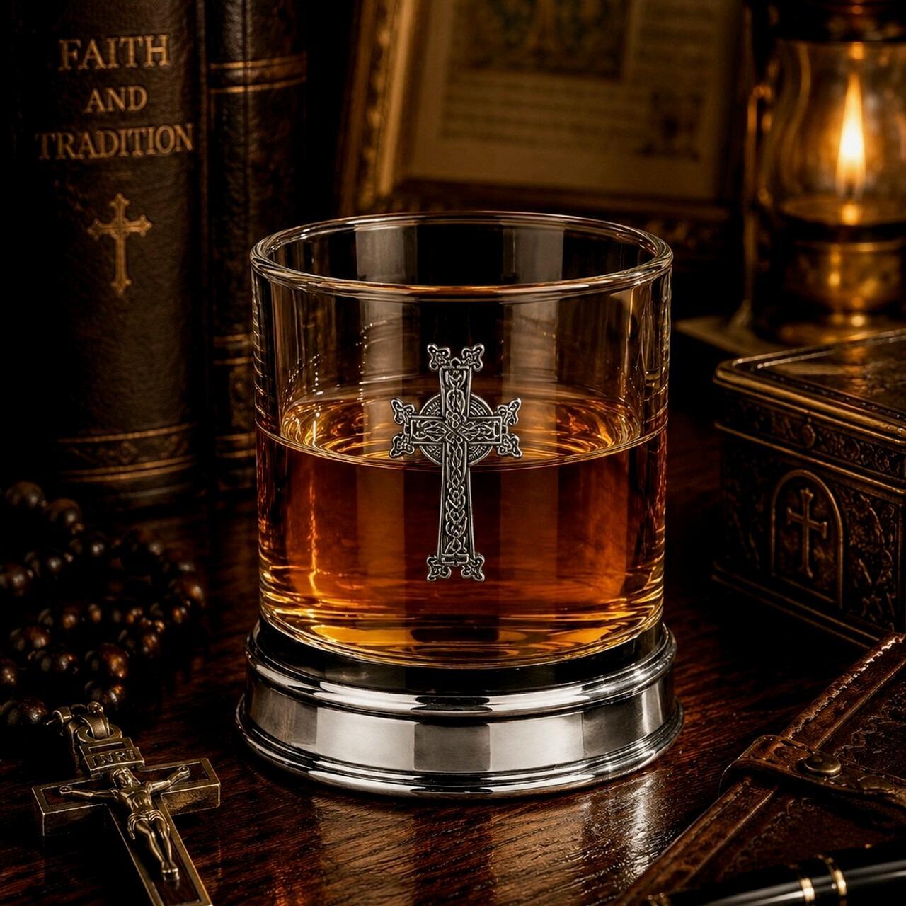 Whisky tumbler with pewter crab emblem and polished base, partially filled with amber liquid