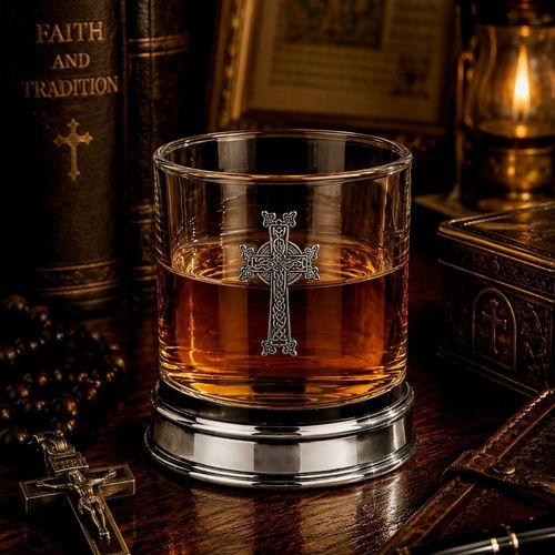 Whisky tumbler with pewter crab emblem and polished base, partially filled with amber liquid