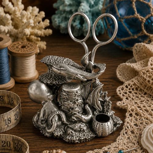 Vintage-style pewter sea life sewing station featuring an octopus, a whale, a stingray, a textured fish-embossed thimble stand, and a sea urchin storage well