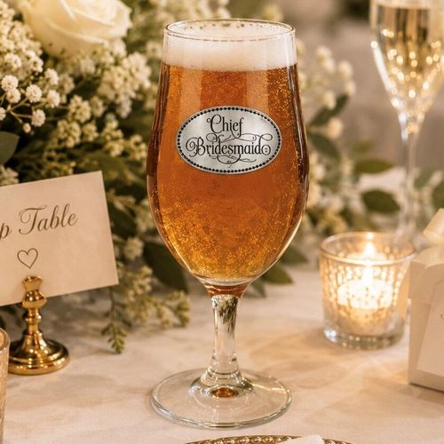 A Stemmed Pint Beer Glass with a Pewter Chief Bridesmaid badge on the front, filled with Beer