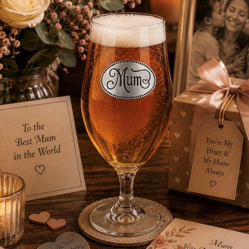 A Stemmed Pint Beer Glass with a Pewter Mum badge on the front, filled with Beer