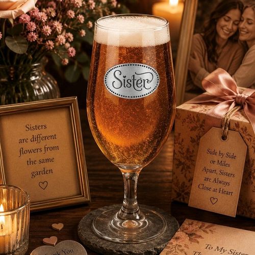 A Stemmed Pint Beer Glass with a Pewter Sister badge on the front, filled with Beer