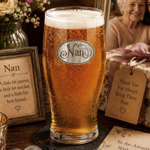 Pint glass with handmade pewter “Nan” badge, filled with golden beer