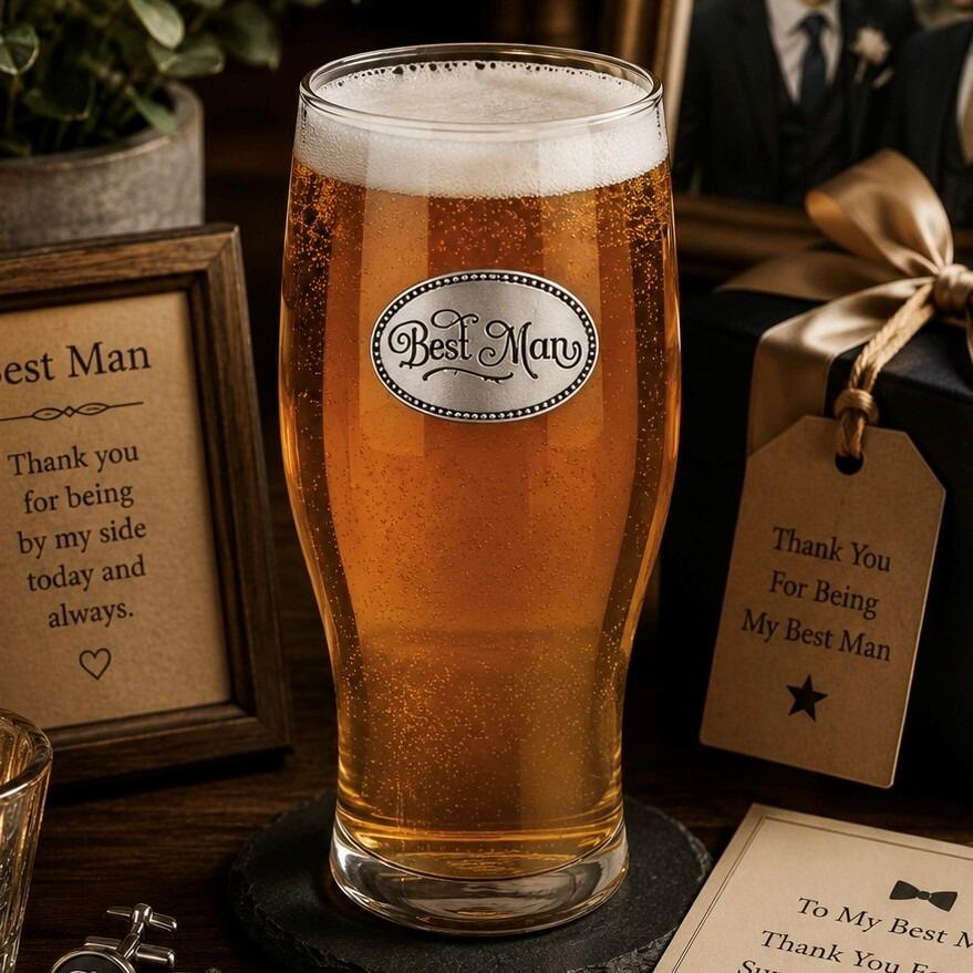 Pint glass with handmade pewter best man badge featuring elegant script lettering filled with golden beer