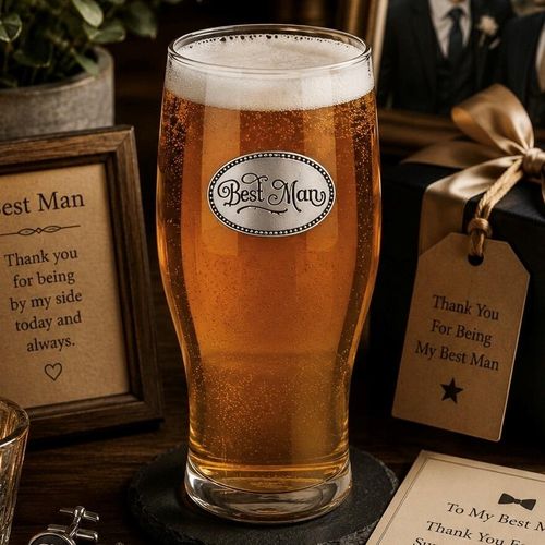 Pint glass with handmade pewter best man badge featuring elegant script lettering filled with golden beer