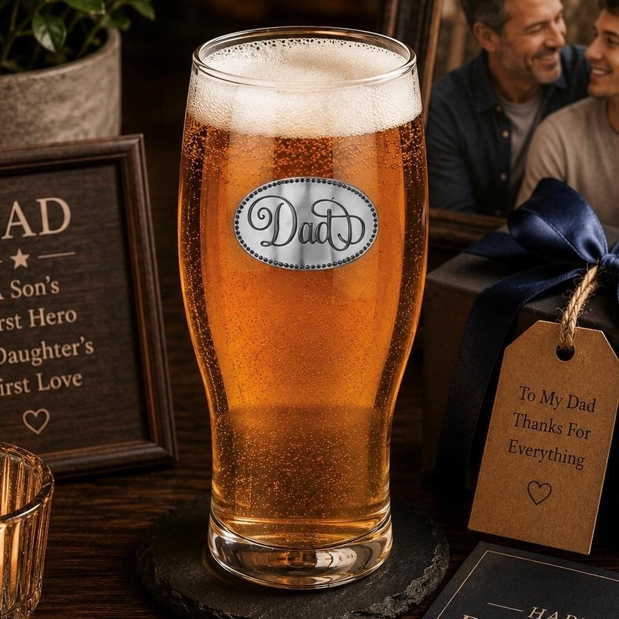 Dad pint glass, pewter dad glass, Father's Day drinking glass, paternal gifts, father memorabilia, British pewter dad, personalised dad glass, father's home accessories, sentimental bar accessories, dad badge glass, Father's Day gifts, handmade pewter glass, paternal collectibles, personalised father gifts, British Father's Day gifts