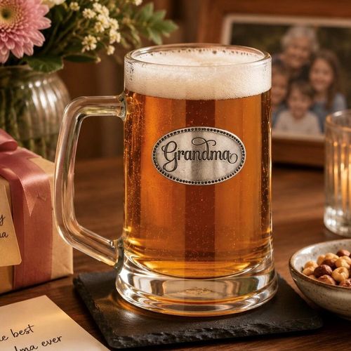 A Beer Tankard with a Pewter Grandma badge on the front, filled with Amber Beer