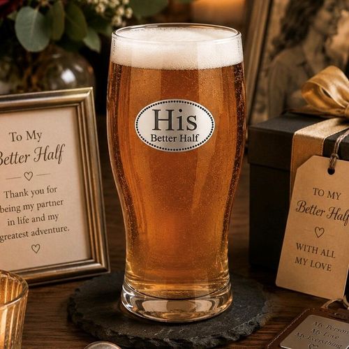 Pint glass with handmade pewter His Better Half elegant typography badge filled with golden beer