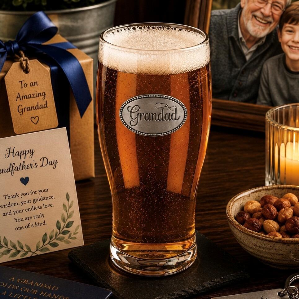 Pint glass with handmade pewter grandad badge featuring elegant script lettering filled with golden beer