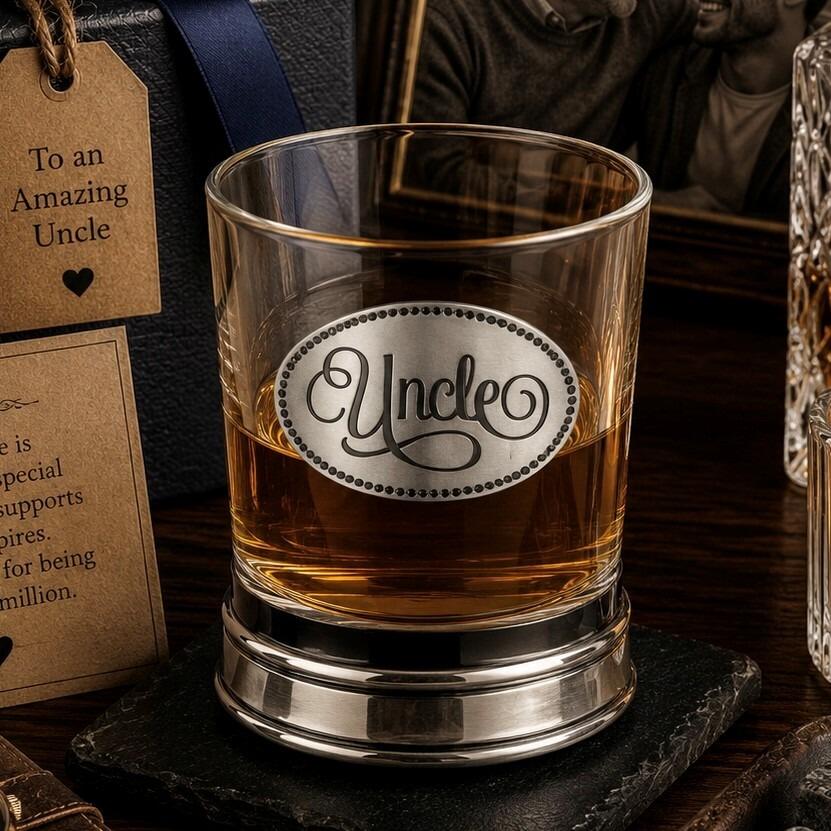 Whisky tumbler with pewter 'Uncle' badge and polished base, partially filled with amber liquid