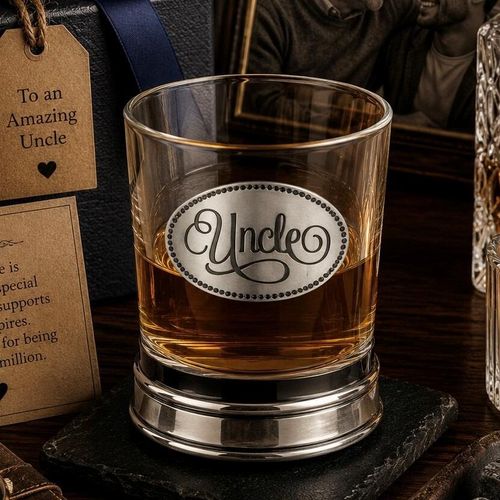 Whisky tumbler with pewter 'Uncle' badge and polished base, partially filled with amber liquid