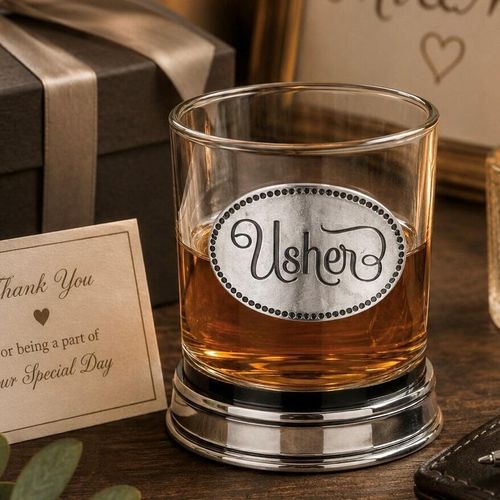 Whisky tumbler with pewter 'Usher' badge and polished base, partially filled with amber liquid