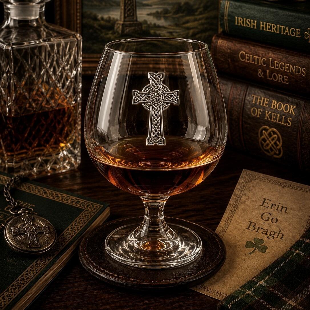 Crystal brandy glass with pewter Celtic Cross emblem, partially filled with amber liquid