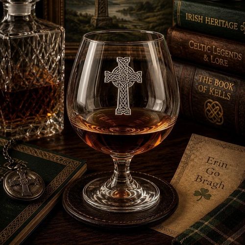 Crystal brandy glass with pewter Celtic Cross emblem, partially filled with amber liquid