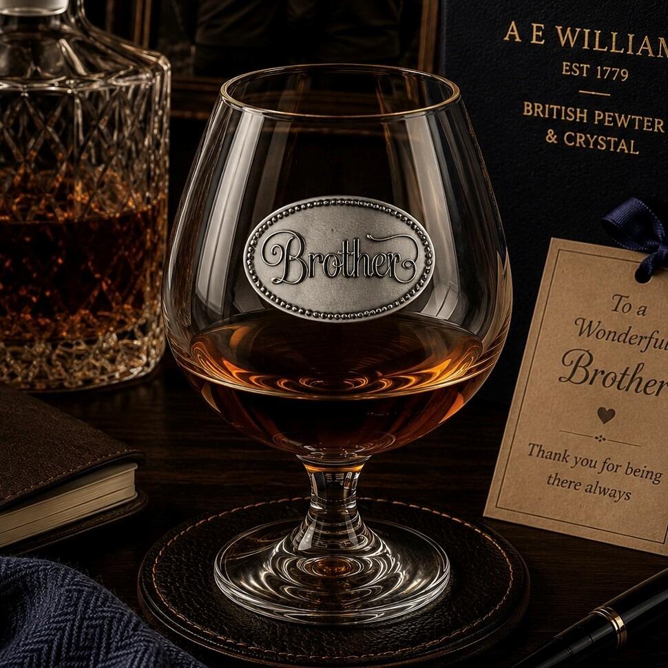Crystal brandy snifter with pewter "Brother" badge