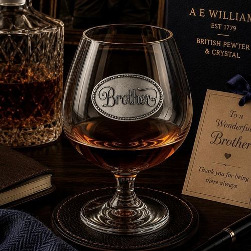 Crystal brandy snifter with pewter "Brother" badge