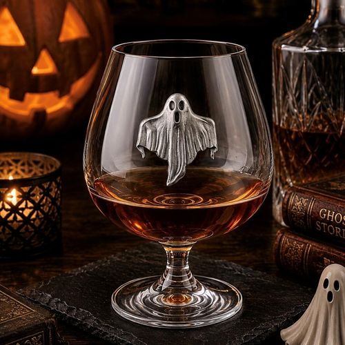 Crystal brandy glass with pewter ghost emblem, partially filled with amber liquid
