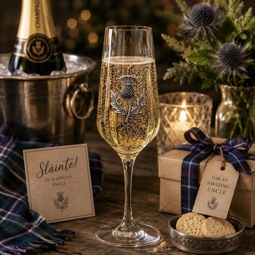 A Champagne Flute with a Pewter Thistle badge on the front, filled with Champagne