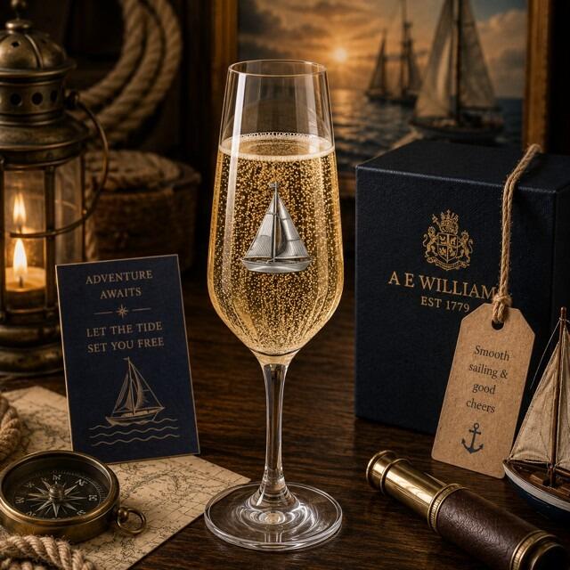 A Champagne Flute with a Pewter Sailing badge on the front, filled with Champagne