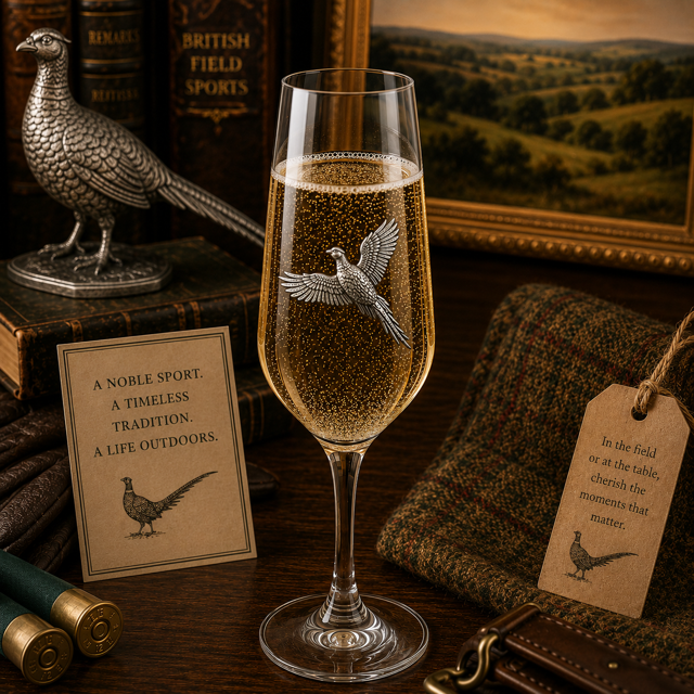 A Champagne Flute with a Pewter Pheasant badge on the front, filled with Champagne