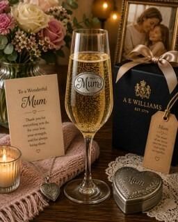 A Champagne Flute with a Pewter Mum badge on the front, filled with Champagne