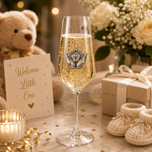A Champagne Flute with a Pewter Baby Feet badge on the front, filled with Champagne