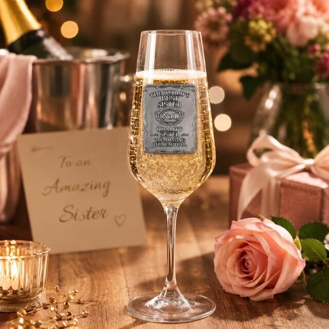 ASS.jpg: Champagne glass with a decorative pewter plaque engraved with "The World's Best Sister," filled with sparkling wine