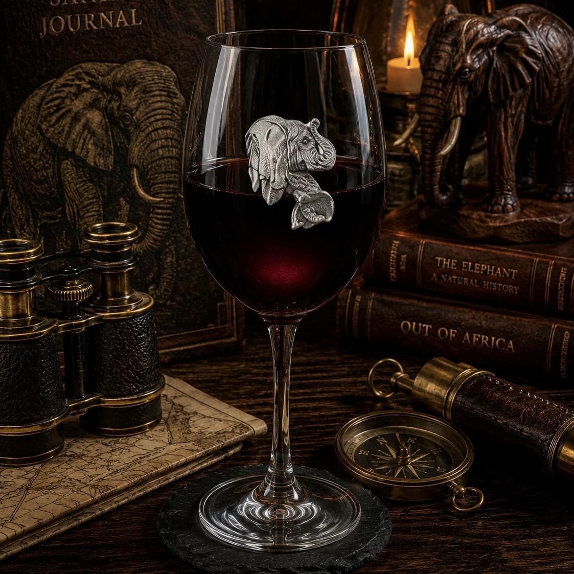 Wine glass with handcrafted pewter Elephant badge filled with red wine