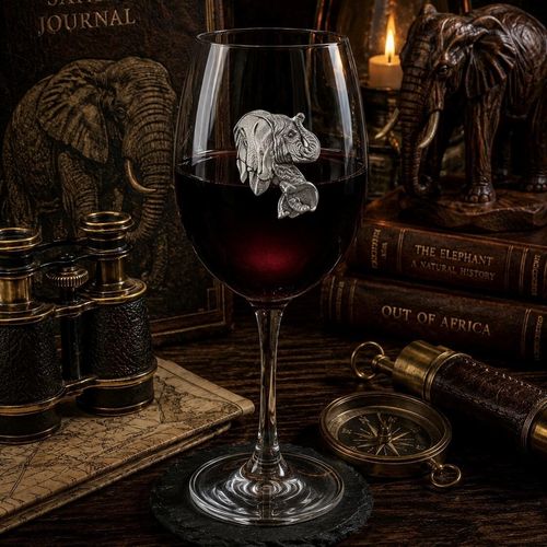 Wine glass with handcrafted pewter Elephant badge filled with red wine