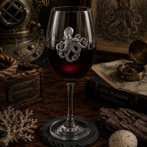 Wine glass with handmade pewter octopus badge filled with red wine