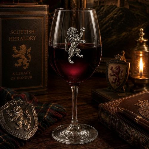 Wine glass with handmade pewter rampant lion badge filled with red wine