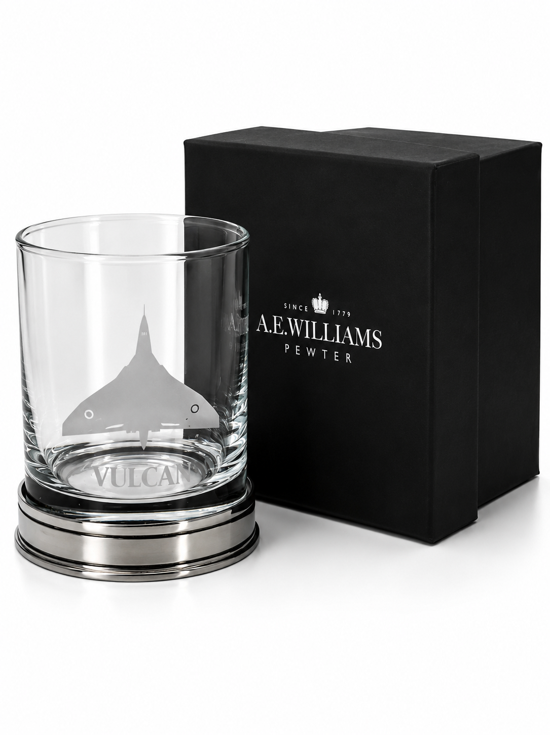 Avro Vulcan Engraved Whisky Tumbler with Handmade Polished Pewter Base with Box