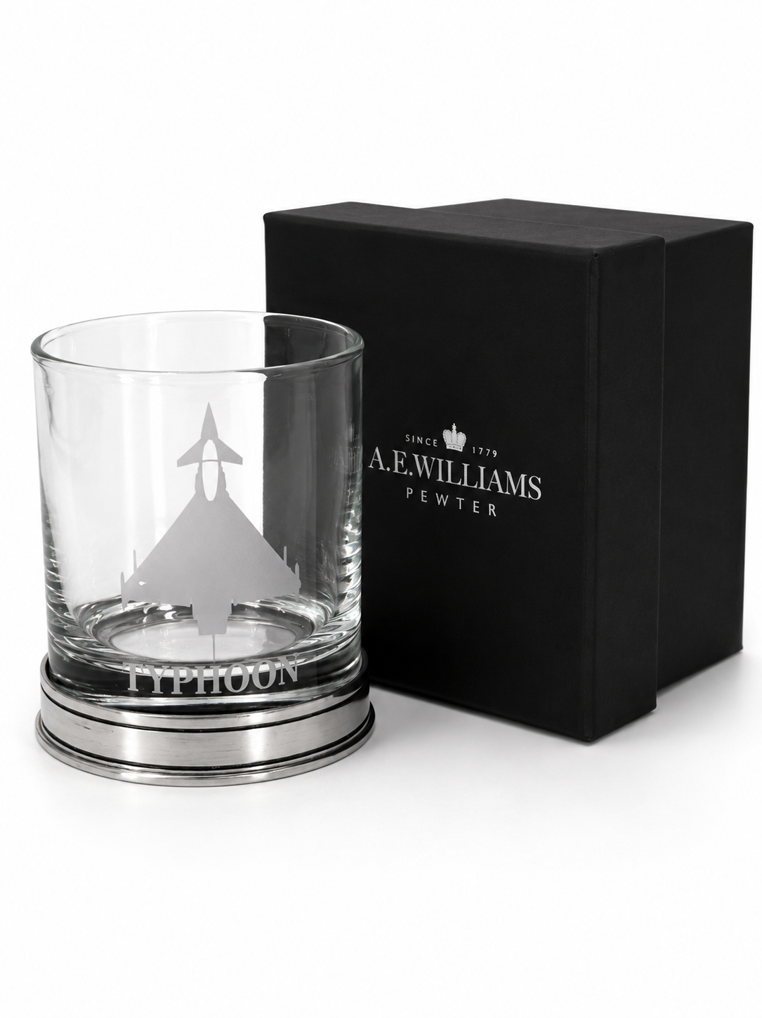 Eurofighter Typhoon Pewter Whisky Tumbler next to an A E Williams gift box