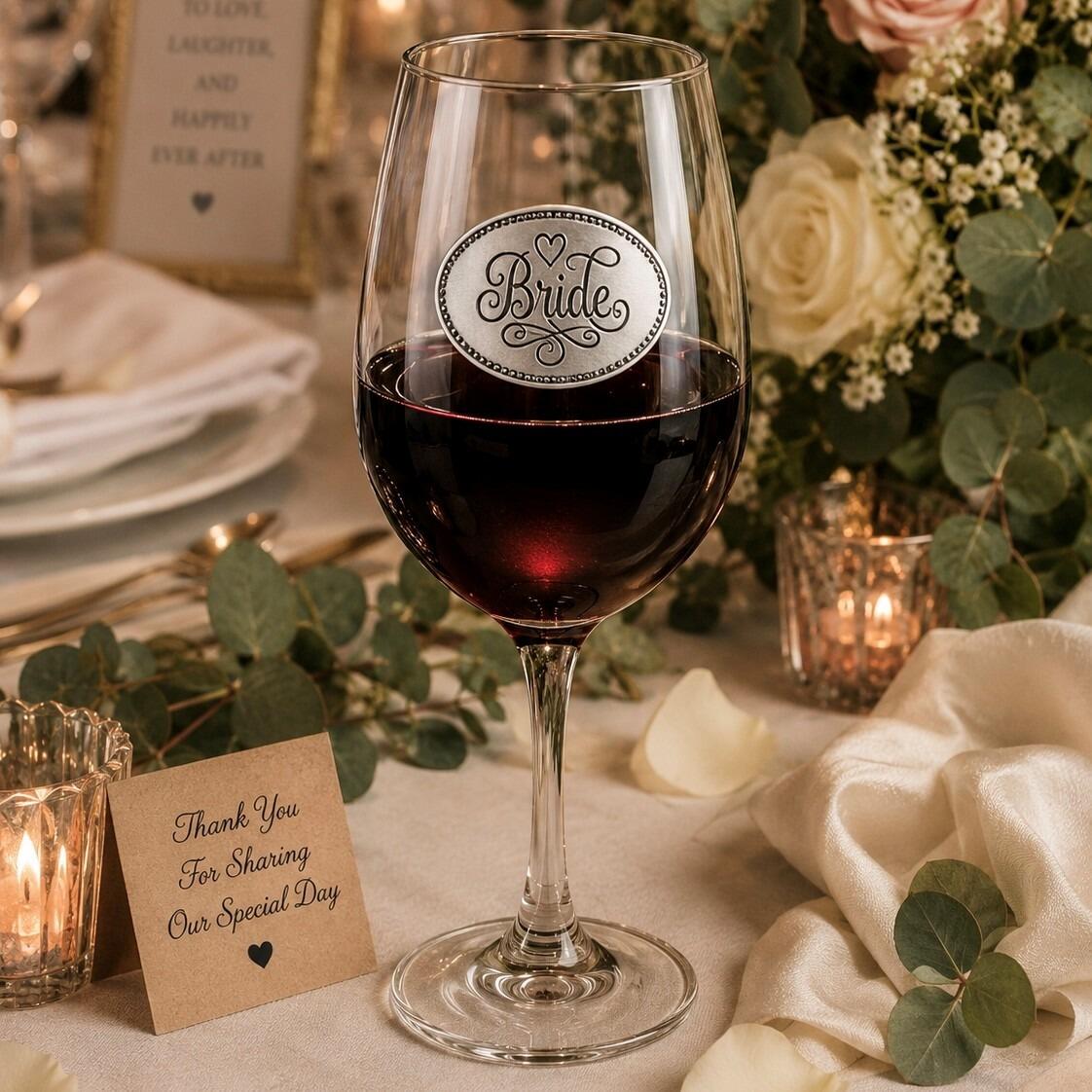 Wine glass with handcrafted pewter Bride badge filled with red wine