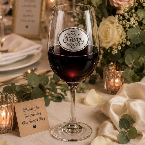 Wine glass with handcrafted pewter Bride badge filled with red wine