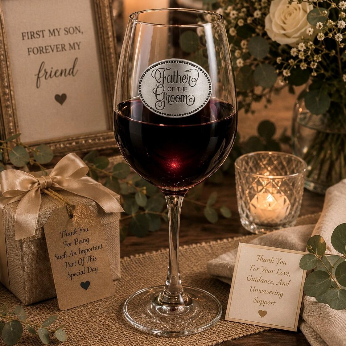 Wine glass with handcrafted pewter Father of the Groom badge filled with red wine