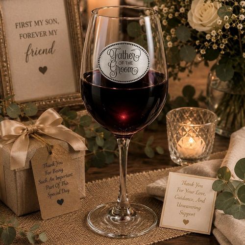 Wine glass with handcrafted pewter Father of the Groom badge filled with red wine